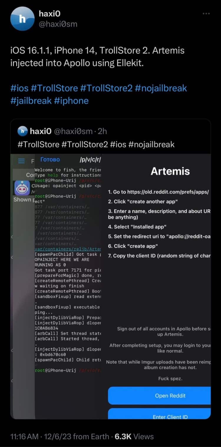 Deweloper osiąga iniekcję modyfikacji aplikacji za pomocą TrollStore 2 z ElleKit bez jailbreaka