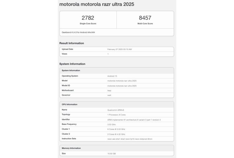 Motorola Razr Ultra 2025 pojawia się w Geekbench z zaskakującym procesorem
