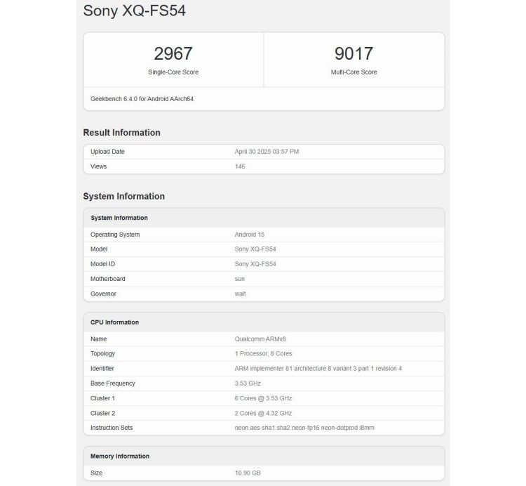 Sony Xperia 1 VII przetestowana w Geekbench — poznaj procesor, ilość pamięci RAM i wersję Androida