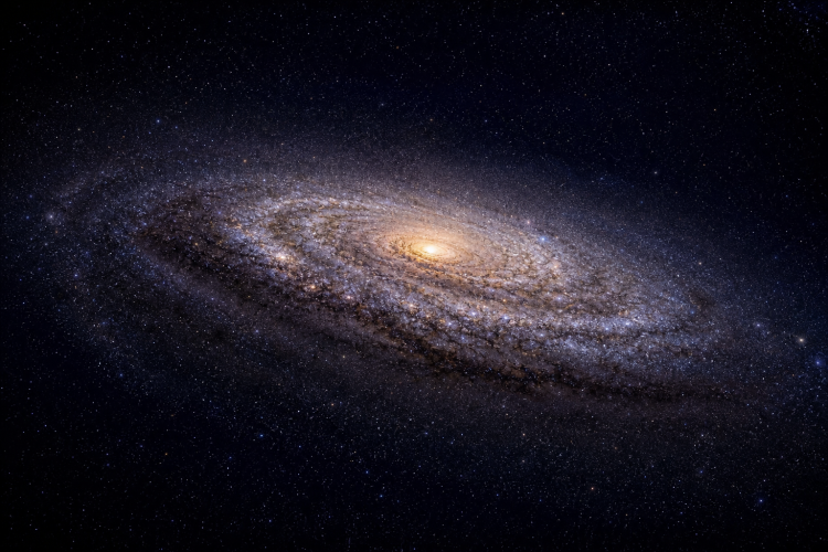 Spiralny dysk galaktyki otoczony rozproszonym halo gwiazd