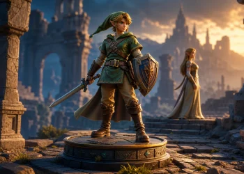 Kolekcjonerska figurka fantasy z mieczem i tarczą na tle ruin