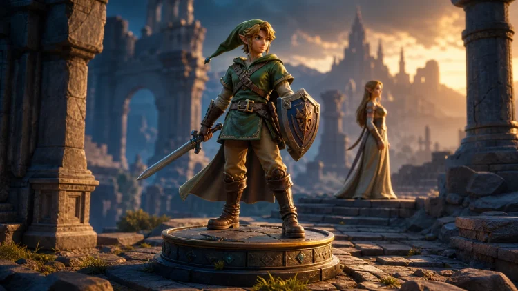Kolekcjonerska figurka fantasy z mieczem i tarczą na tle ruin
