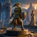 Kolekcjonerska figurka fantasy z mieczem i tarczą na tle ruin
