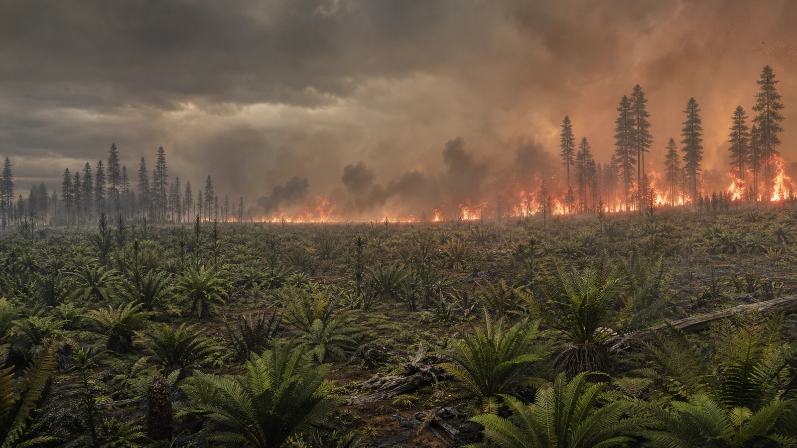 Paprociowa sawanna w prehistorycznym krajobrazie, z linią pożaru i dymem pod ciemnym niebem