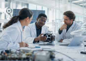 Naukowcy pracujący nad prototypem w nowoczesnym laboratorium