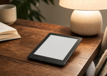 Kompaktowy czytnik e-booków przy lampce do czytania