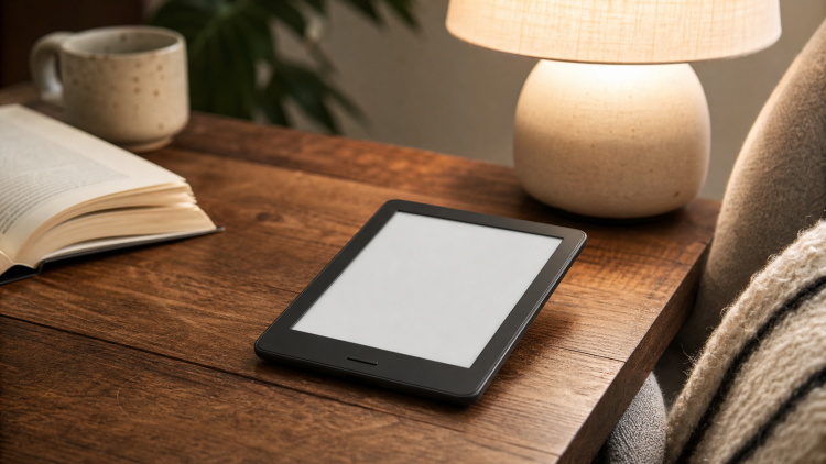 Kompaktowy czytnik e-booków przy lampce do czytania