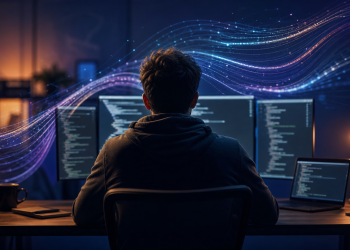 Programista przy stanowisku z abstrakcyjnymi strumieniami danych