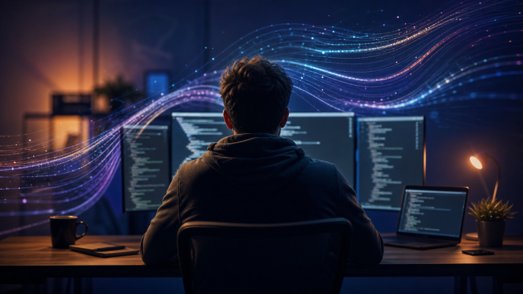 Programista przy stanowisku z abstrakcyjnymi strumieniami danych