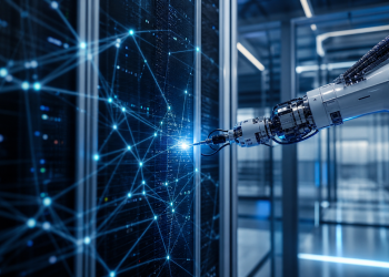 Robotyczne ramię analizujące zabezpieczenia serwerów w centrum danych