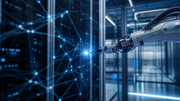 Robotyczne ramię analizujące zabezpieczenia serwerów w centrum danych