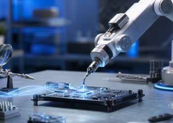 Robotyczne ramię precyzyjnie naprawiające płytkę elektroniczną w laboratorium