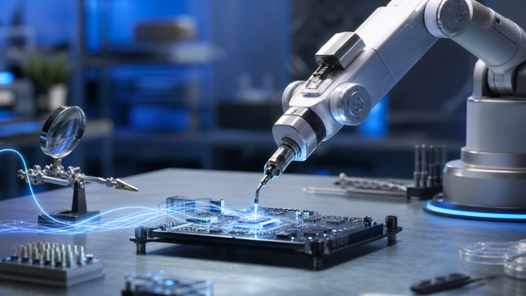 Robotyczne ramię precyzyjnie naprawiające płytkę elektroniczną w laboratorium