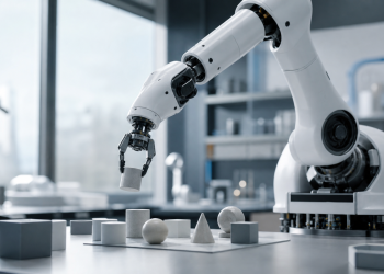 Robotyczne ramię układające geometryczne elementy w laboratorium badawczym