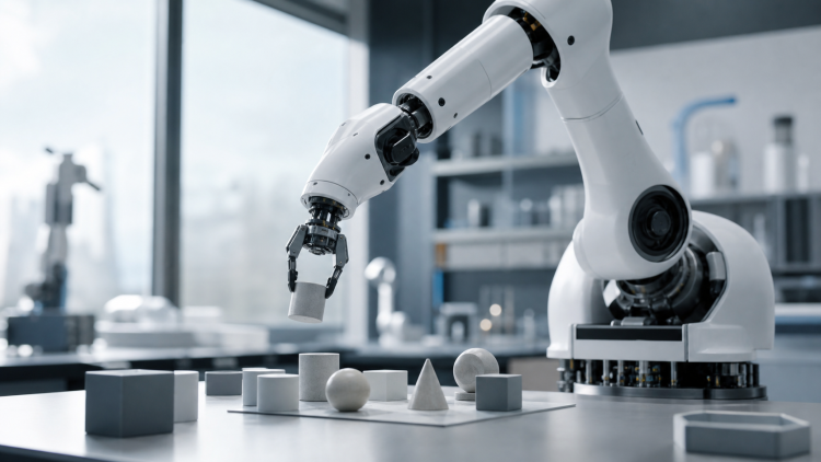 Robotyczne ramię układające geometryczne elementy w laboratorium badawczym