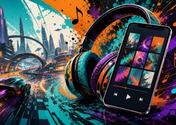 Kolorowa muzyka z gry odtwarzana na smartfonie i słuchawkach