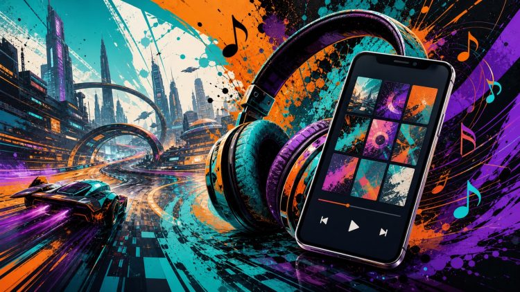 Kolorowa muzyka z gry odtwarzana na smartfonie i słuchawkach