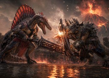 Uzbrojone dinozaury walczące w wulkanicznej arenie