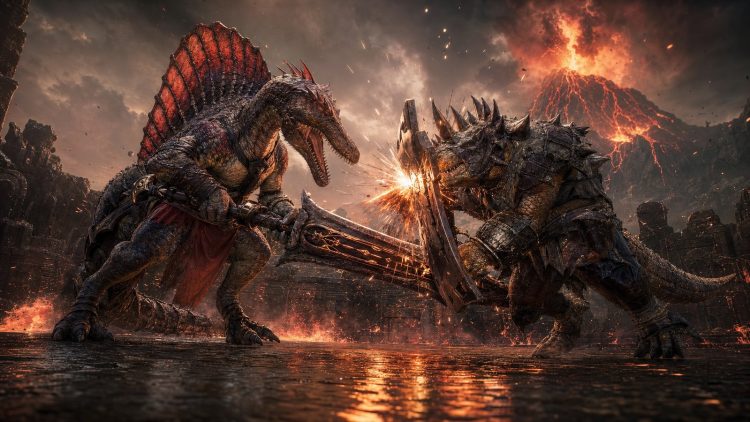 Uzbrojone dinozaury walczące w wulkanicznej arenie