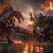 Uzbrojone dinozaury walczące w wulkanicznej arenie