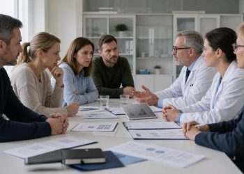 Rodzice rozmawiający z lekarzami o nieprawidłowościach w badaniu klinicznym dzieci