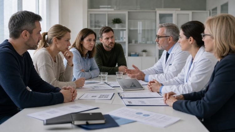 Rodzice rozmawiający z lekarzami o nieprawidłowościach w badaniu klinicznym dzieci