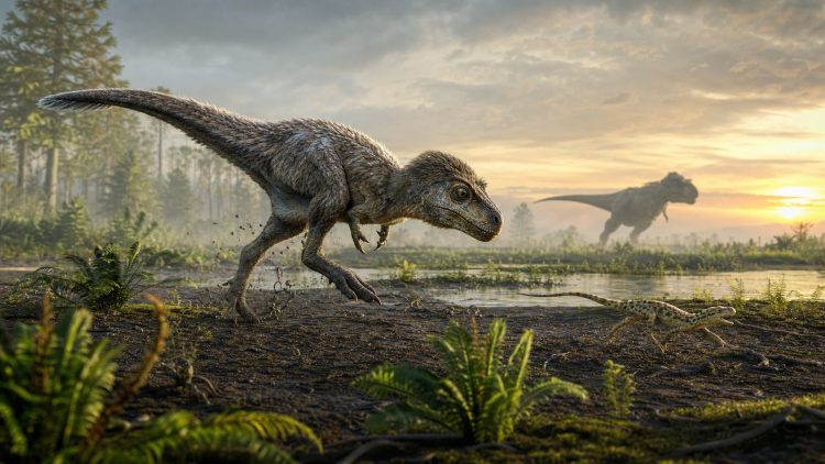 Młody tyranozaur polujący na drobną zdobycz w kredowym środowisku