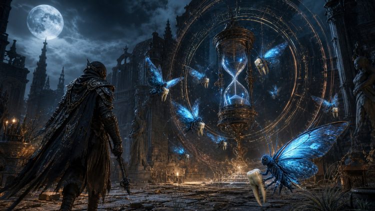 Niebieskie wróżki przenoszące zęby do magicznej klepsydry w mrocznej grze RPG