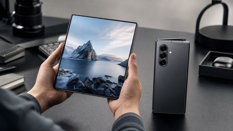 Składany smartfon klasy premium podczas testu wyświetlacza i aparatu