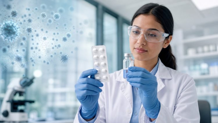 Badaczka w laboratorium trzymająca blister z tabletkami i fiolkę badawczą