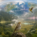 Ptaki wróblowe z różnych siedlisk śpiewają na tle globalnej mapy i fal dźwiękowych