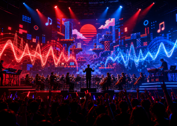 Orkiestra i artyści elektroniczni wykonują muzykę inspirowaną klasycznymi grami