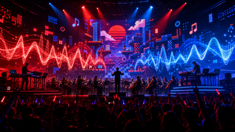 Orkiestra i artyści elektroniczni wykonują muzykę inspirowaną klasycznymi grami