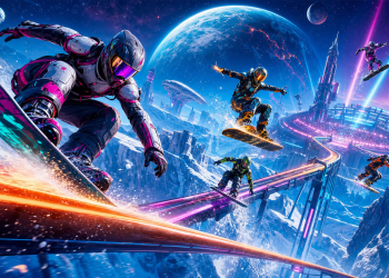 Zawodnicy na futurystycznych snowboardach ścigający się nad lodową planetą