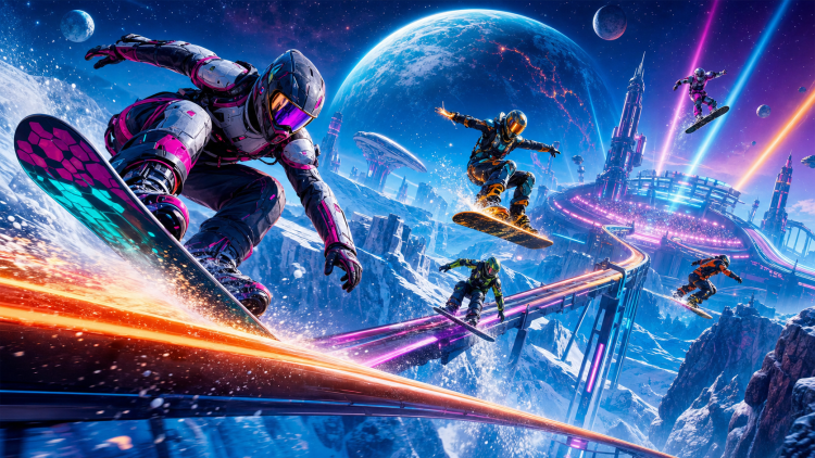 Zawodnicy na futurystycznych snowboardach ścigający się nad lodową planetą