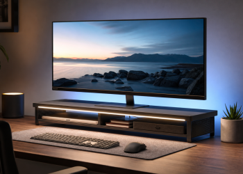 Monitor ustawiony na podwyższonej podstawce z przednim i tylnym oświetleniem LED