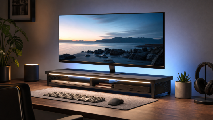 Monitor ustawiony na podwyższonej podstawce z przednim i tylnym oświetleniem LED