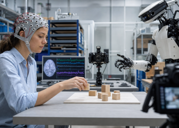 Badaczka w czepku EEG wykonująca zadanie obserwowane przez robota