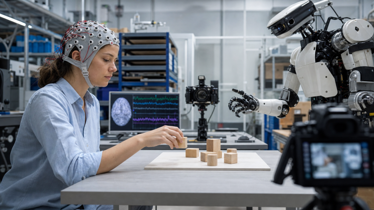 Badaczka w czepku EEG wykonująca zadanie obserwowane przez robota