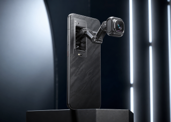 Futurystyczny smartfon z wysuwanym robotycznym ramieniem aparatu i gimbalem