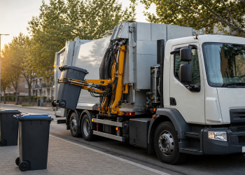 Nowoczesna śmieciarka opróżniająca pojemnik hydraulicznym ramieniem