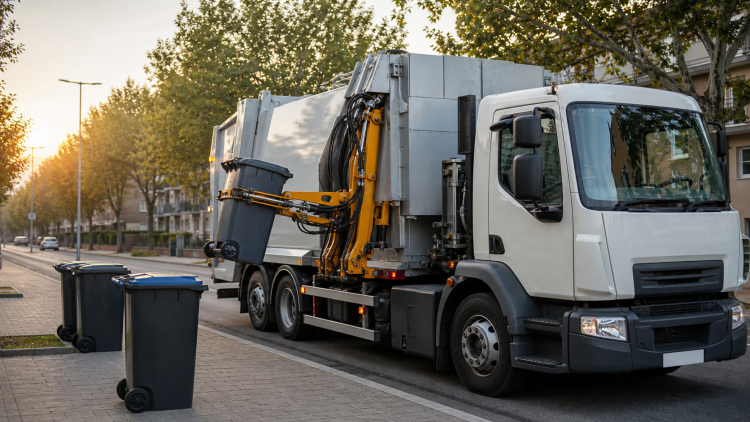Nowoczesna śmieciarka opróżniająca pojemnik hydraulicznym ramieniem