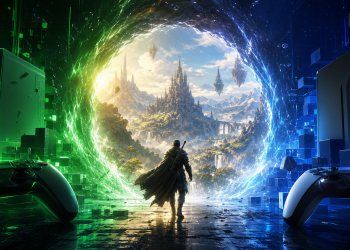 Bohater gry RPG przechodzący przez portal między ekosystemami konsolowymi