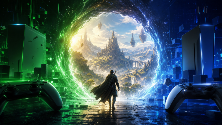 Bohater gry RPG przechodzący przez portal między ekosystemami konsolowymi
