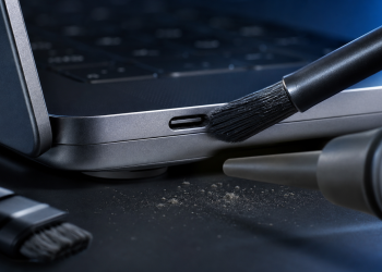 Port USB-C laptopa czyszczony miękką szczoteczką i sprężonym powietrzem