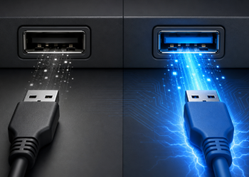 Porównanie czarnego portu USB 2.0 i szybszego niebieskiego portu USB 3.0