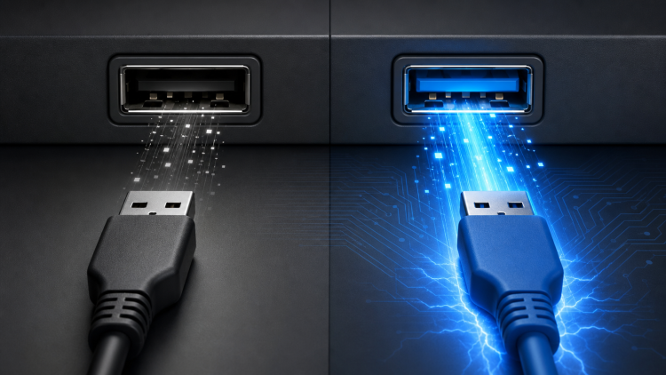 Porównanie czarnego portu USB 2.0 i szybszego niebieskiego portu USB 3.0