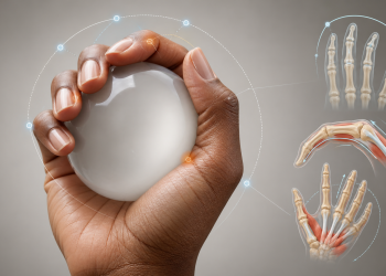 Dłoń obejmująca kulę z anatomicznym pokazaniem różnej długości palców