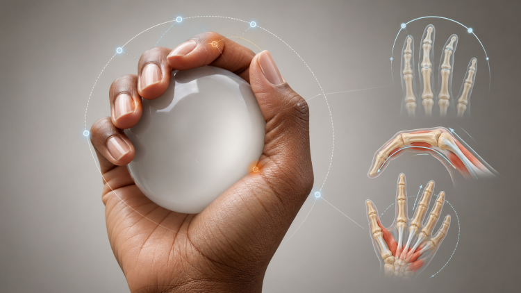 Dłoń obejmująca kulę z anatomicznym pokazaniem różnej długości palców