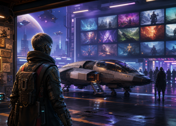 Bohater science-fiction przygotowuje statek i załogę do kontraktów w kosmicznym mieście